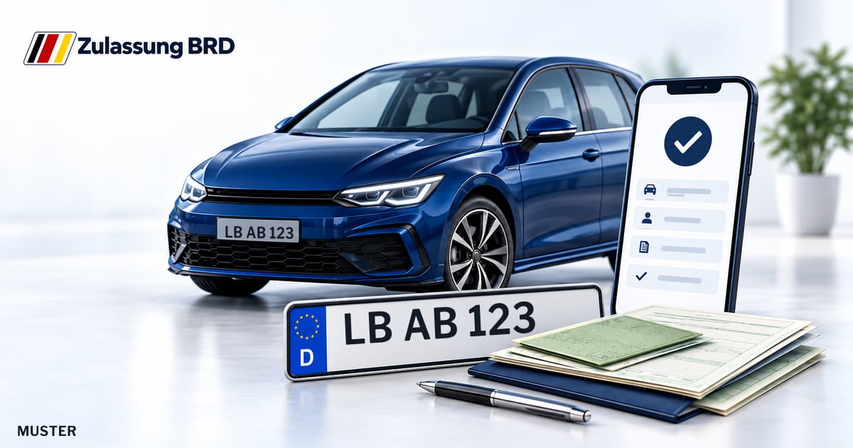Online Fahrzeugzulassung in Sachsenheim: Musterkennzeichen LB AB 123, Auto und Fahrzeugpapiere und Smartphone. Illustration mit Logo von Zulassung BRD.